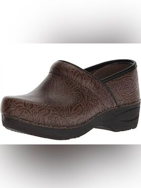 Dansko Brown Embossed Tooled Floral Professional Leather Clog - 37 (6.5 - 7)